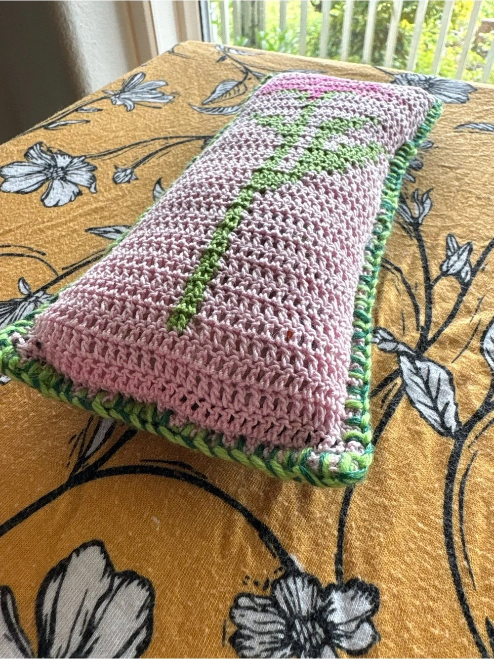 Handmade Crocheted Pink Flower Pillow with Green Stem